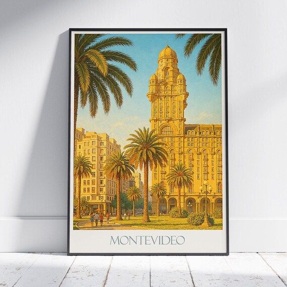 Montevideo Uruguay Palacio Salvo Palm Trees Cityscape Travel Poster