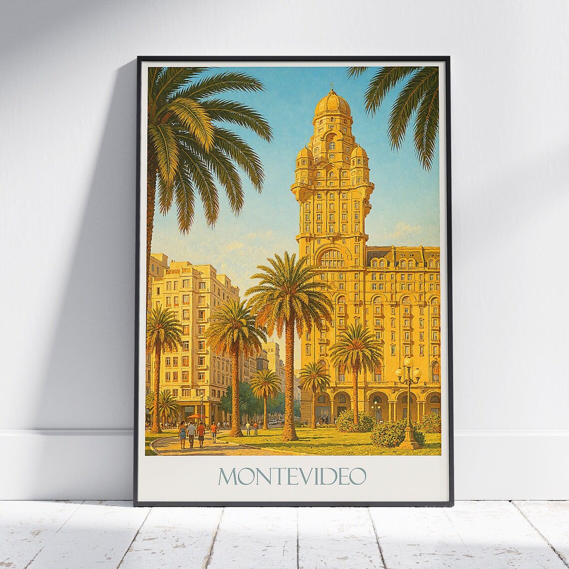Montevideo Uruguay Palacio Salvo Palm Trees Cityscape Travel Poster