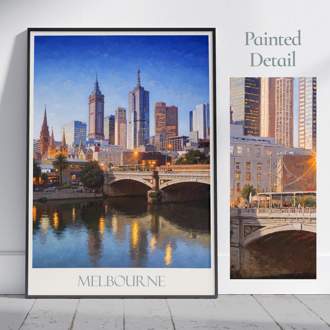 Melbourne City Skyline River Bridge Dusk Painted Australia Poster