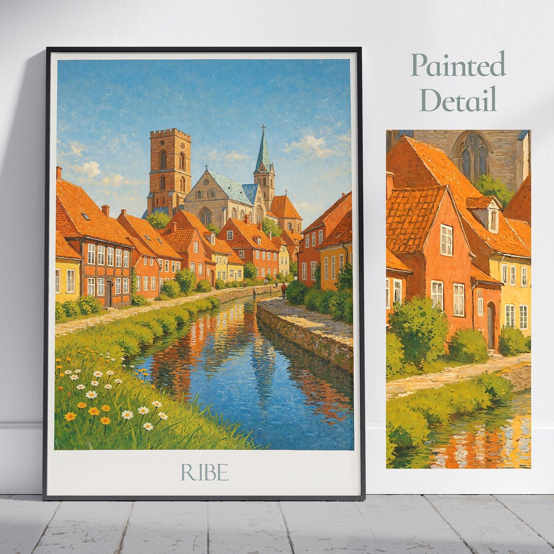 Ribe Denmark Historic Canal And Cathedral Painted Travel Poster