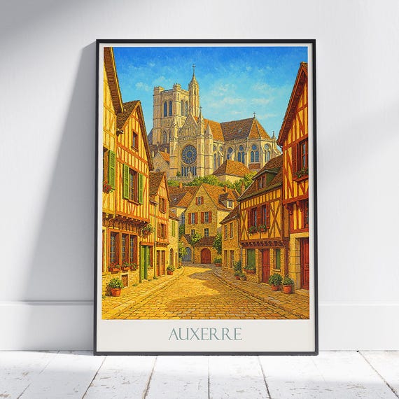 Auxerre France Travel Poster Gothic Cathedral View Charming Old Town Art Print Vintage Style Wall Decor Gift