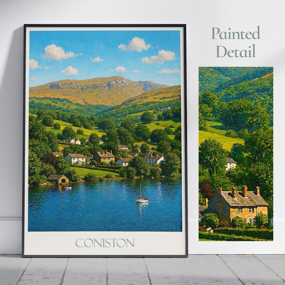 Coniston Lake District Village Sailboat Fells Painted Travel Poster