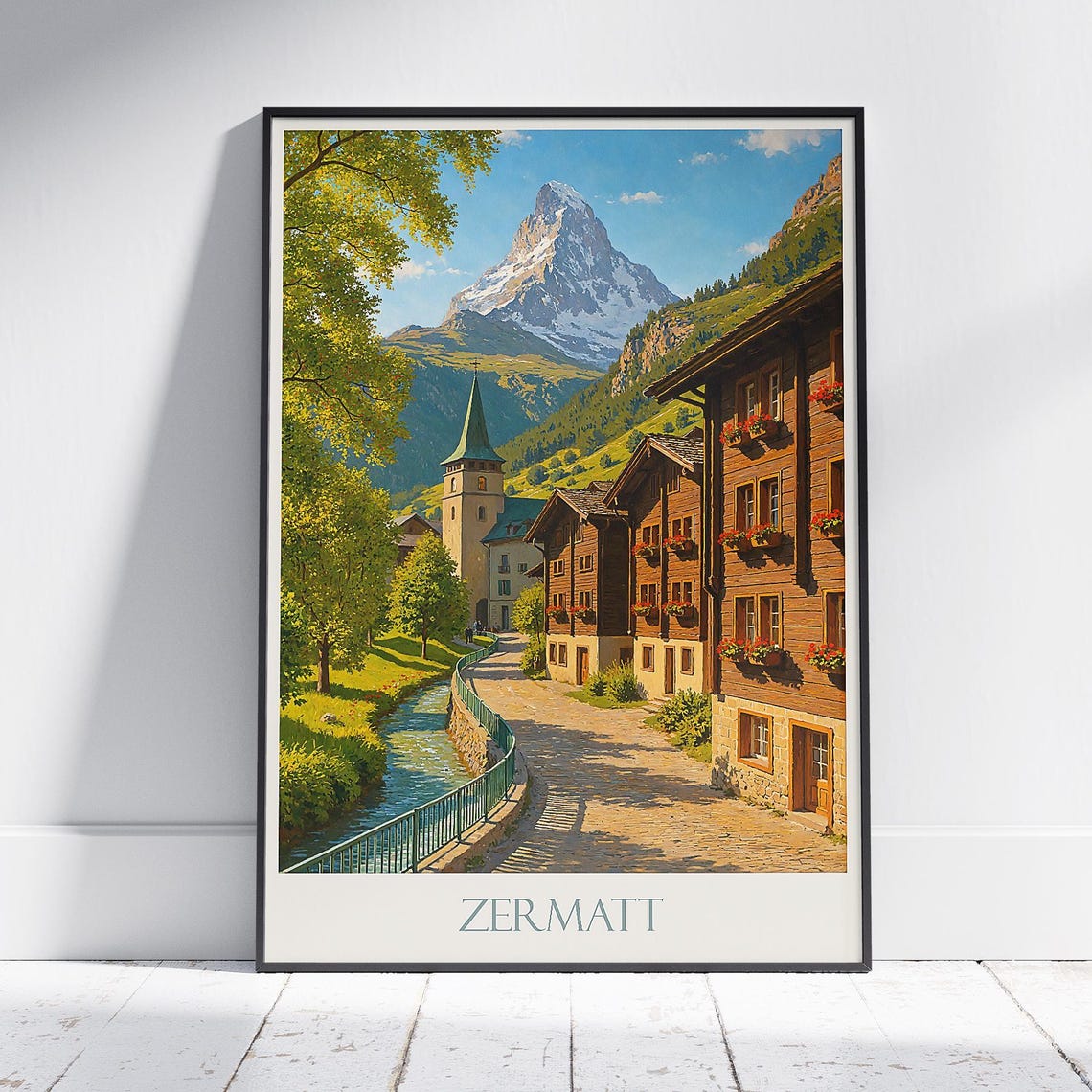 Zermatt Village Stream Church Matterhorn Painted Travel Poster