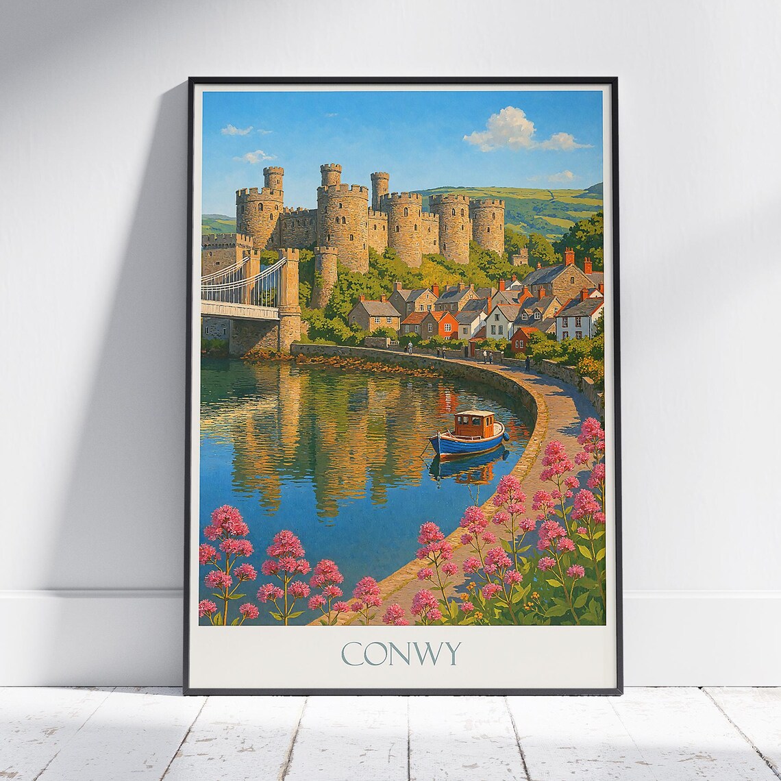 Conwy Castle Wales Coastal Quay Boat Pink Flowers Travel Poster