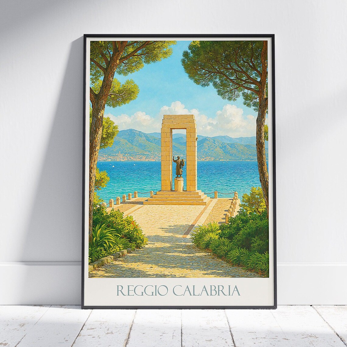 Reggio Calabria Italy Coastal Monument Seaside View Travel Poster