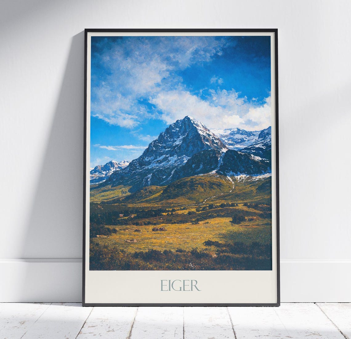 Eiger Switzerland Snow Peak Alpine Meadow Bright Blue Sky Poster