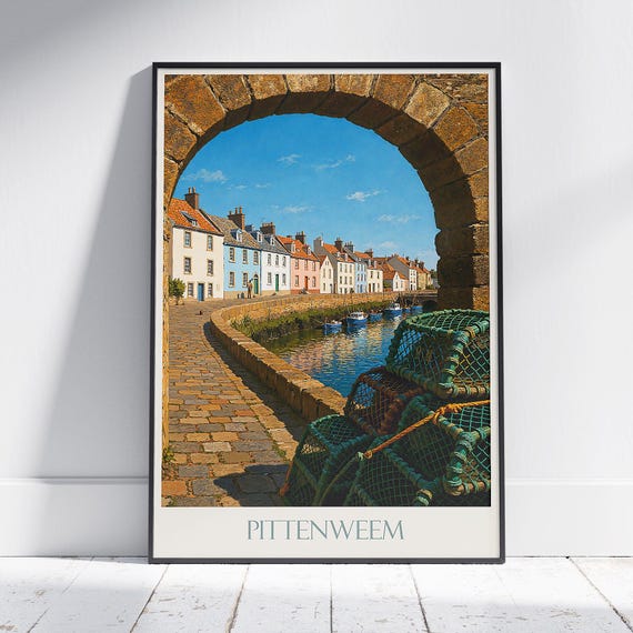 Pittenweem Travel Poster Scottish Fishing Village Art Print Fife Coast Wall Decor Vibrant Harbour Painting Gift