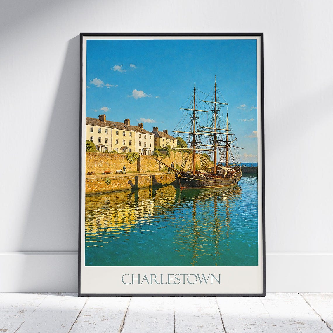 Historic Charlestown Cornwall Tall Ship In Harbour Maritime Poster