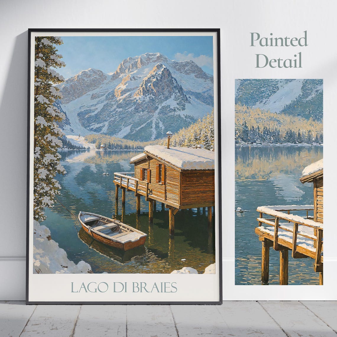 Lago di Braies Dolomites Italy Winter Boathouse Snow Scenic Poster