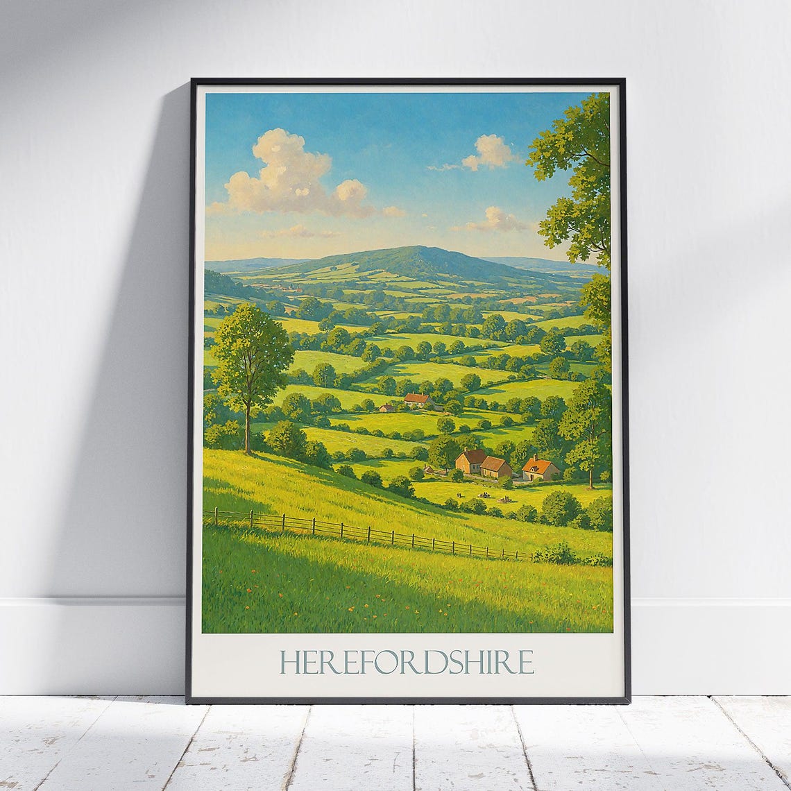 Herefordshire Travel Poster English Countryside Art Print Rural Uk Landscape Painting Farmhouse Wall Decor