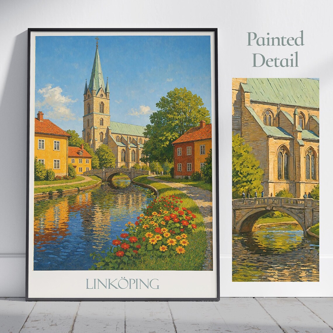 Linköping Sweden Cathedral Canal Bridge Painted Travel Poster