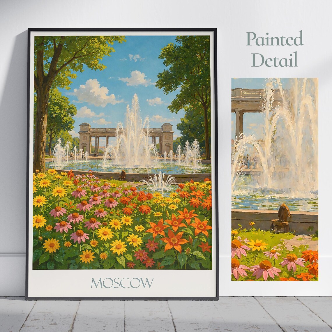 Moscow Fountain Garden Flower Beds Classical Colonnade Travel Poster
