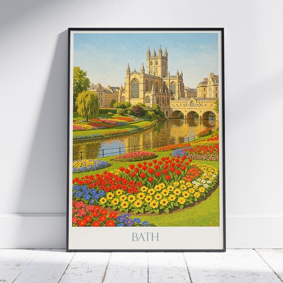 Bath England Floral Riverside Travel Poster Abbey Pulteney Bridge Art