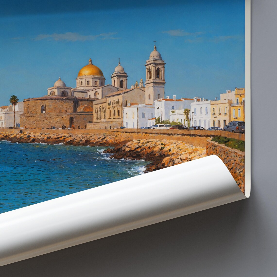 Cadiz Spain Seaside Cathedral Golden Dome Waves Painted Travel Poster - Image 3