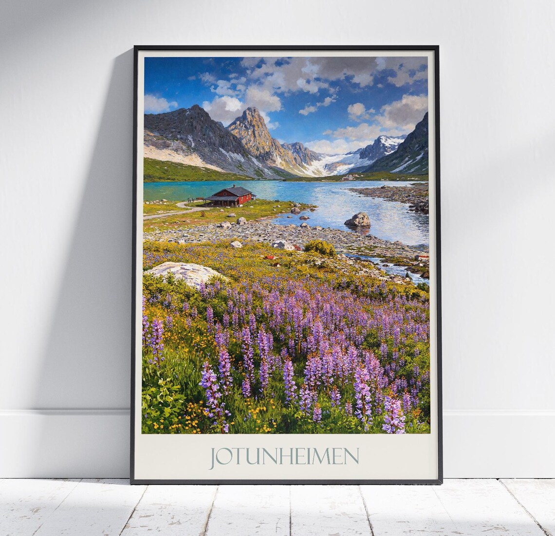 Jotunheimen Norway Mountain Lake Red Cabin Wildflower Poster