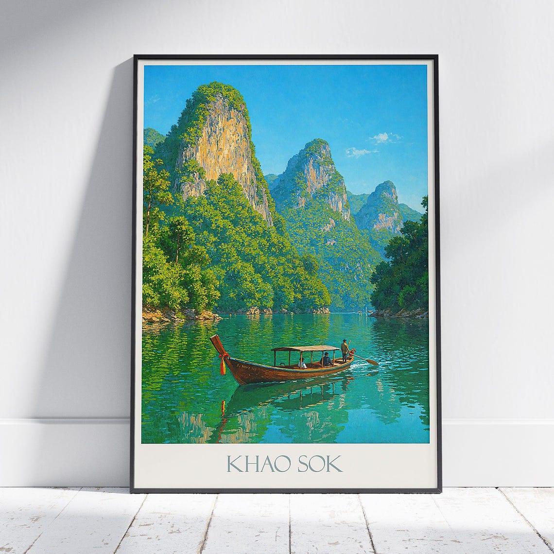 Khao Sok Thailand Travel Poster Emerald Lake Boat Cliffs Wall Poster
