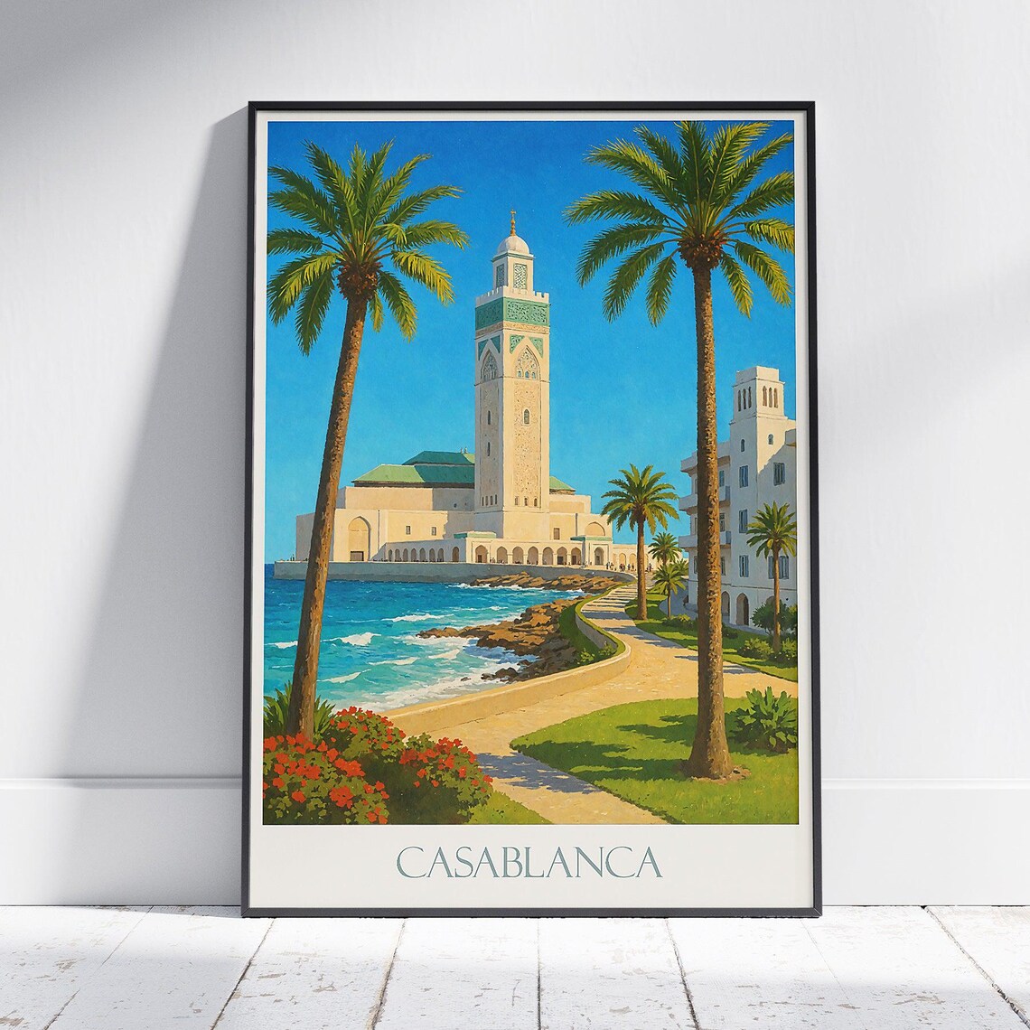Casablanca Morocco Hassan II Mosque Sunny Coast Travel Poster