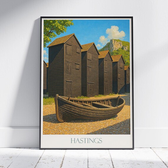Hastings Fishing Huts Sunny Sussex Coast Seaside Travel Poster