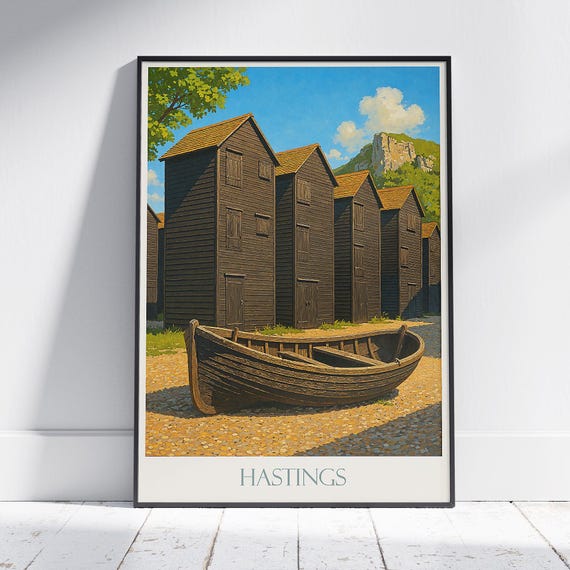 Hastings Fishing Huts Travel Poster Sussex Coast Art Print Rye Bay Fishermans Hut Wall Uk Beach Decor
