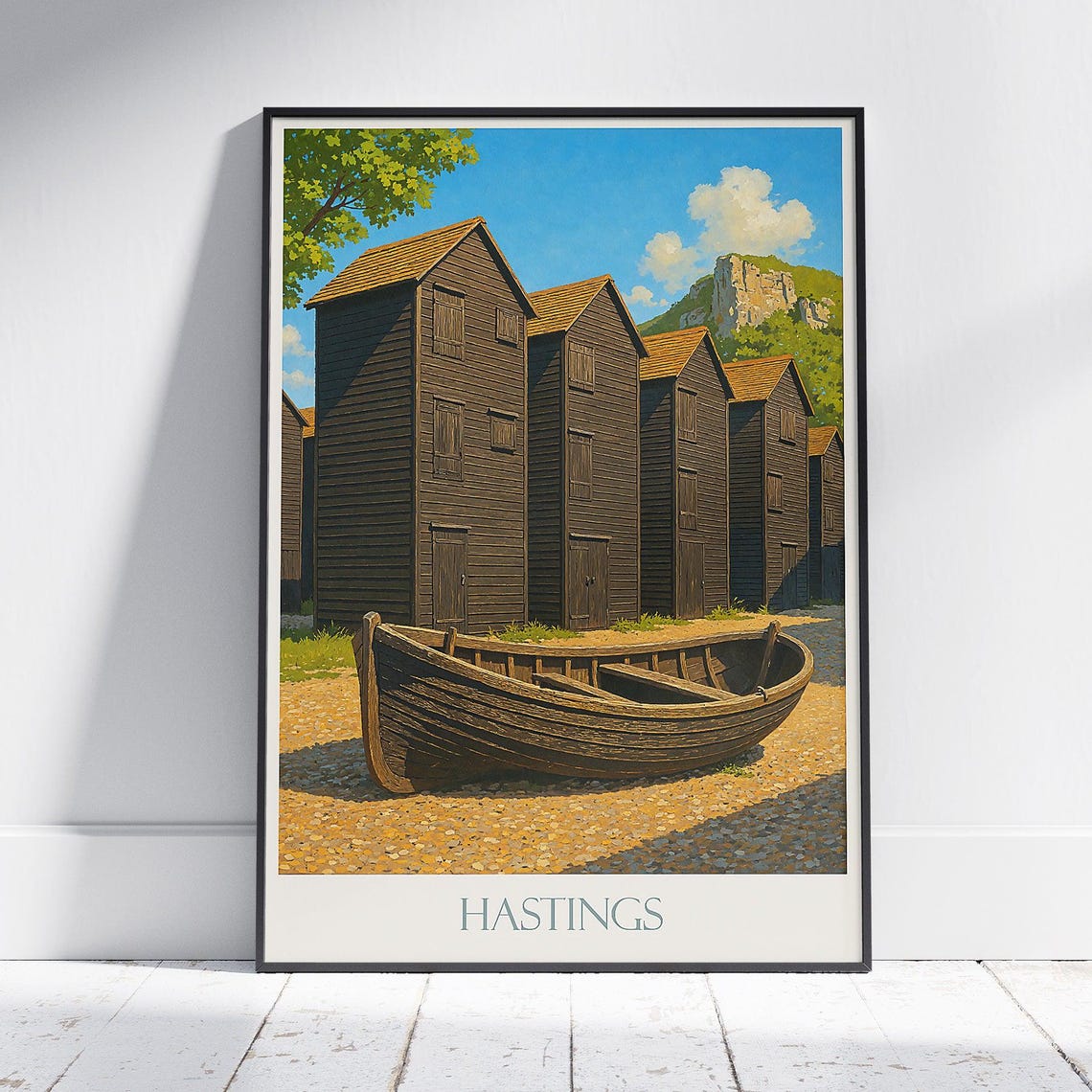 Hastings Fishing Huts Travel Poster Sussex Coast Art Print Rye Bay Fishermans Hut Wall Uk Beach Decor