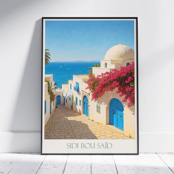 Sidi Bou Said Travel Poster Tunisia Coastal Art Print White Blue Architecture Wall Decor Mediterranean Charm