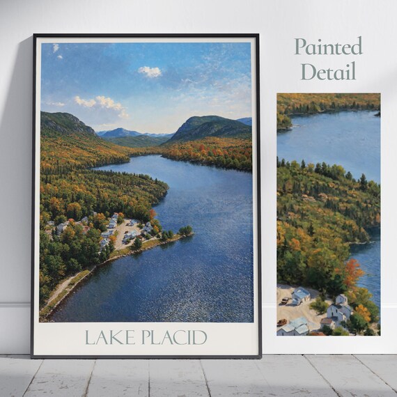 Lake Placid New York Autumn Fall Foliage Blue Lake Village Travel Poster