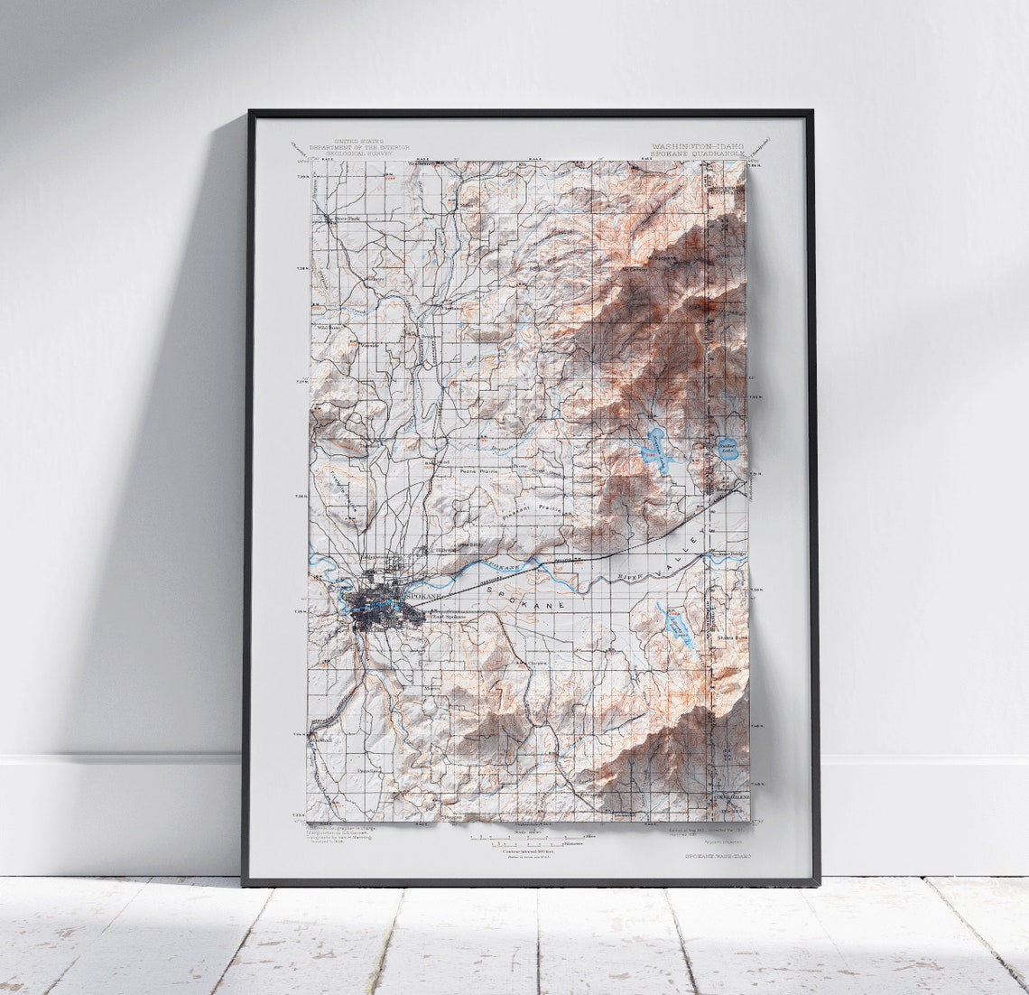 Spokane Washington Idaho USGS Quadrangle Shaded Relief Map Poster