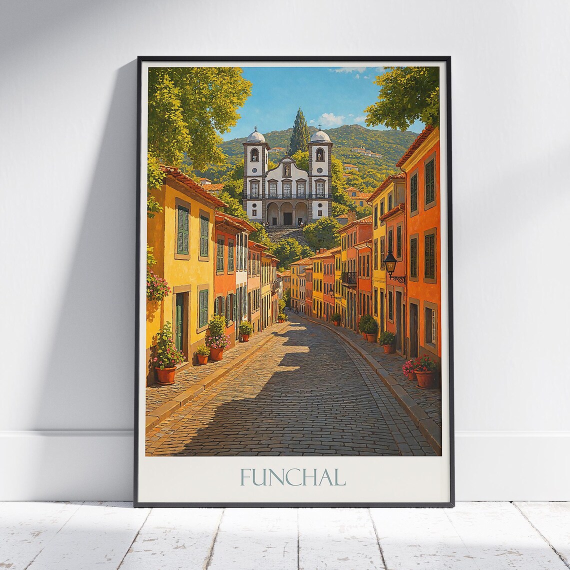 Funchal Madeira Portugal Cobblestone Street Church Travel Poster