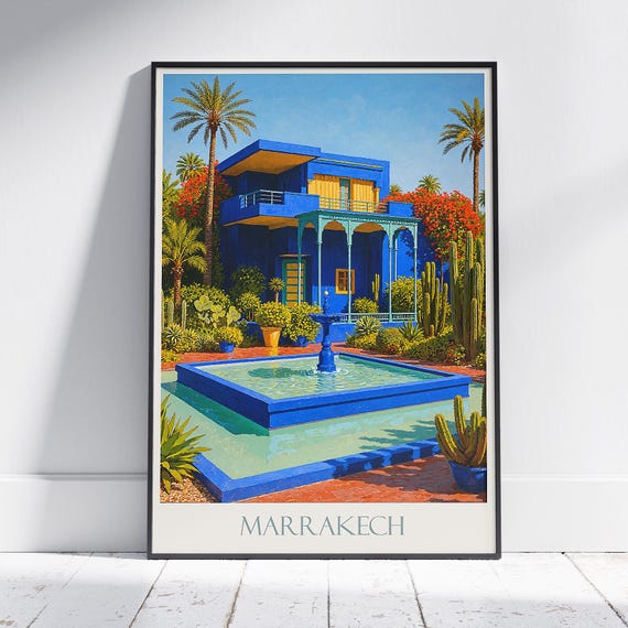 Jardin Majorelle Travel Poster Marrakech Morocco Art Print Iconic Blue Garden Wall Moroccan Home Decor Gift