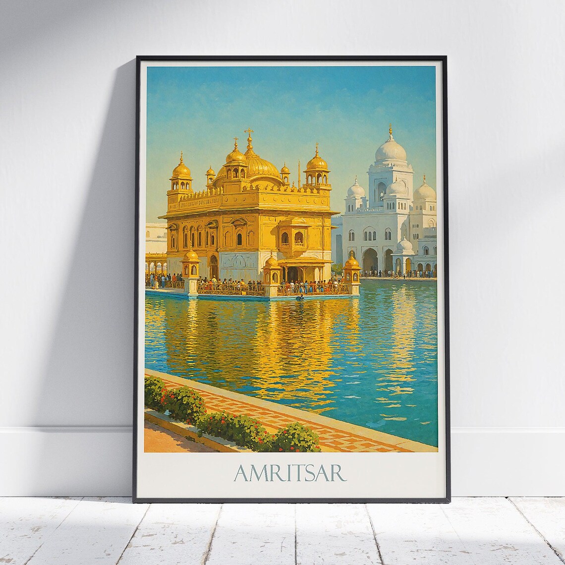 Amritsar Golden Temple India Blue Retro Vintage Travel Poster