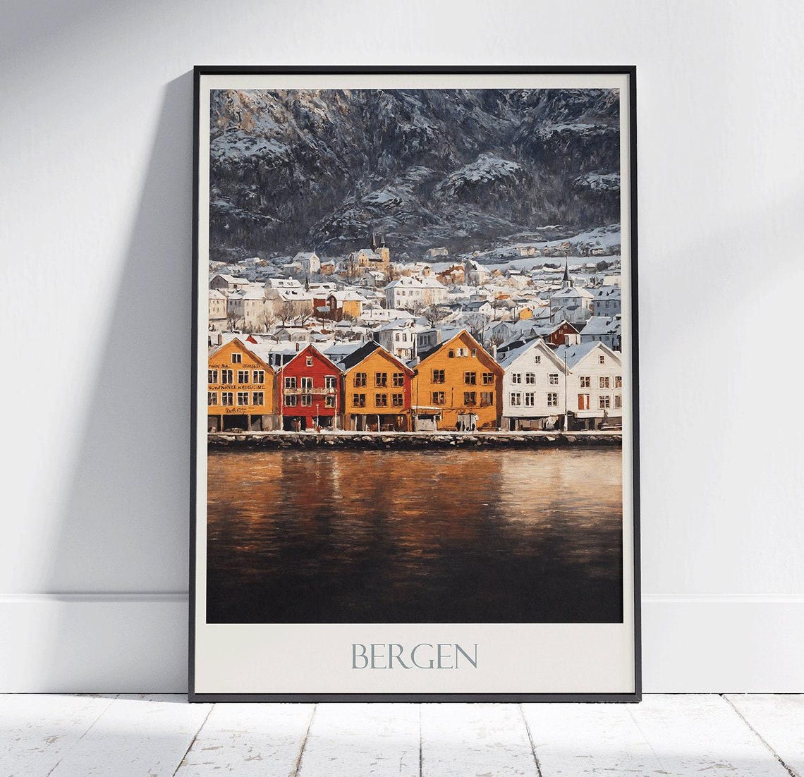 Bergen Norway Winter Harbor Snowy Waterfront Cityscape Travel Poster