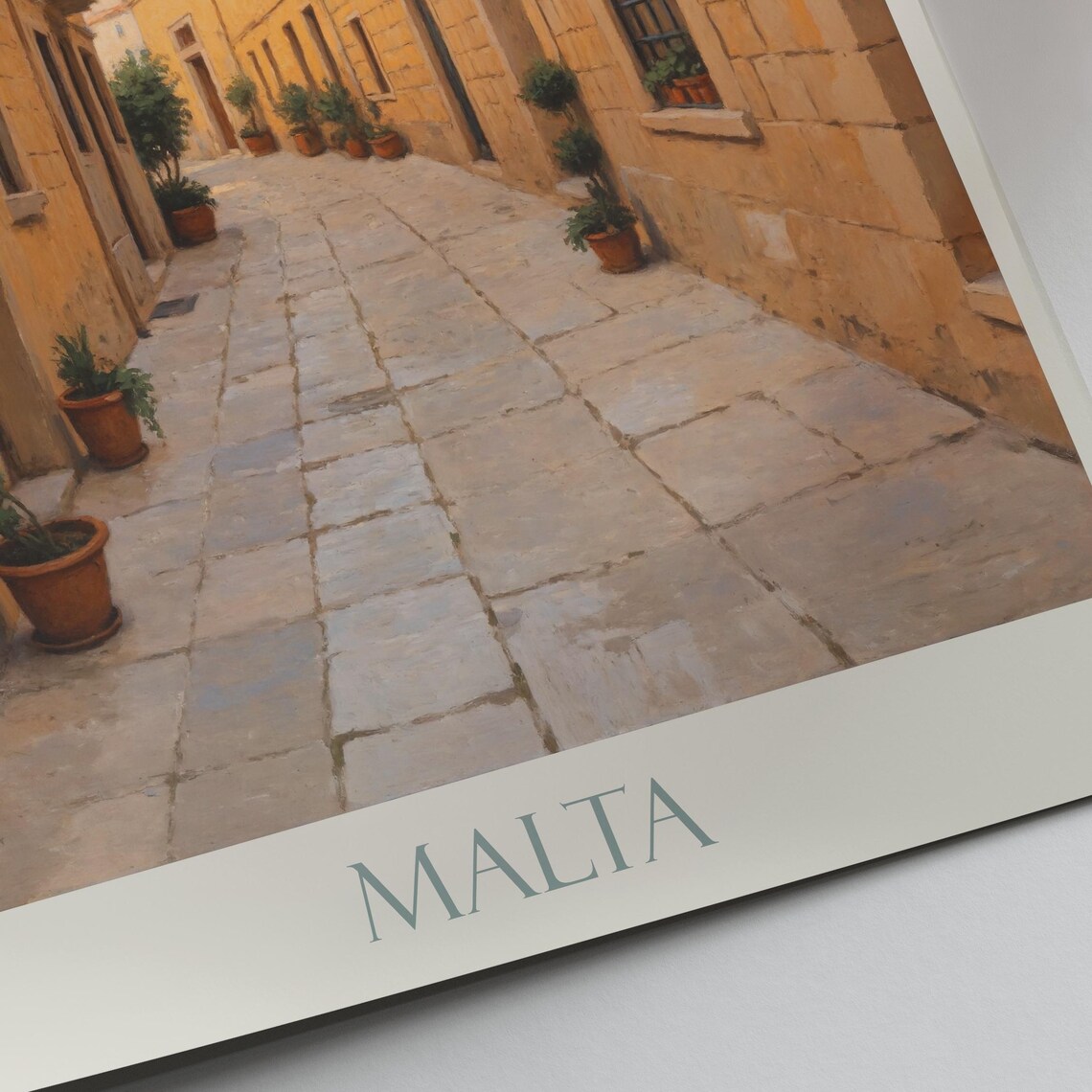 Malta Old Town Golden Stone Alley Blue Shutters Travel Poster - Image 2