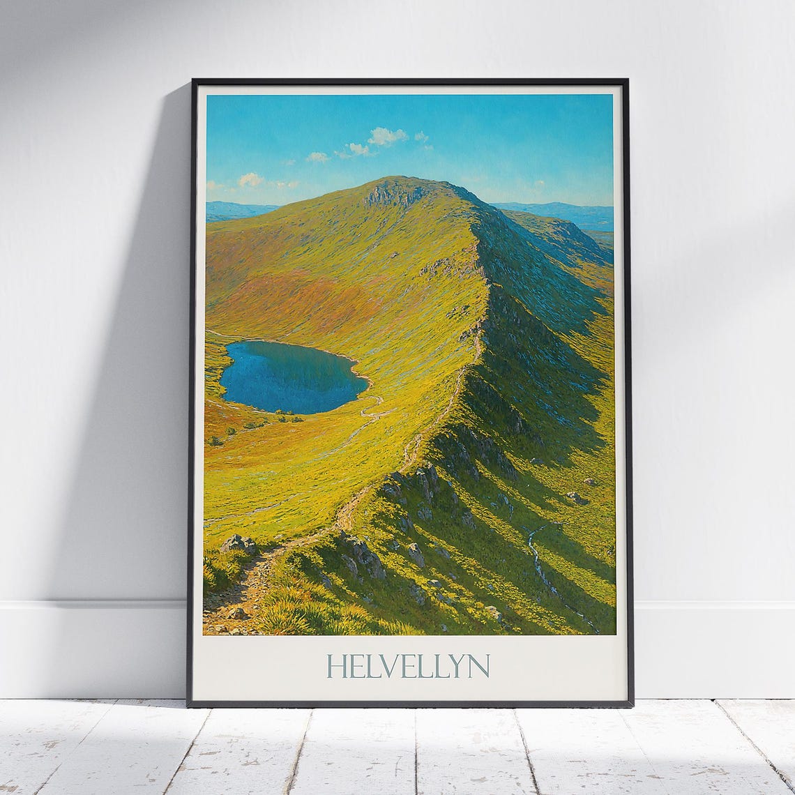 Helvellyn Fell with Blue Mountain Tarn Sunny Painted View Poster