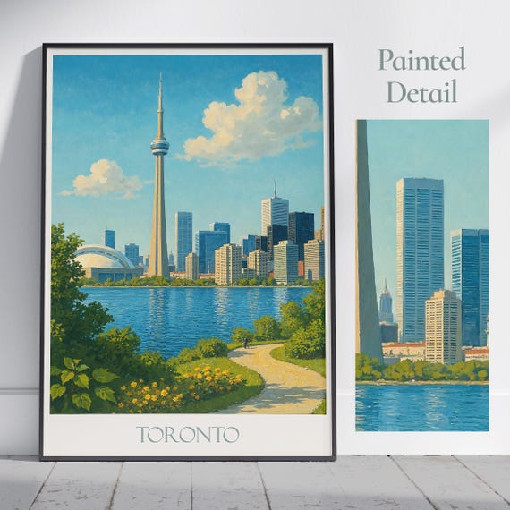 Toronto Travel Poster Personalized Cn Tower Art Print Skyline Wall Lake Ontario Canada Painting