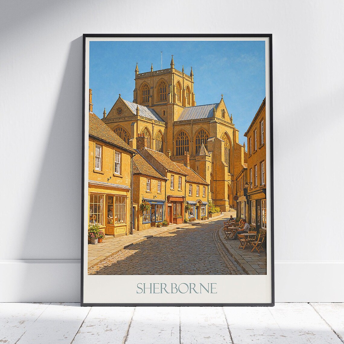 Sherborne Dorset Abbey Golden Stone Cobblestone Street Travel Poster