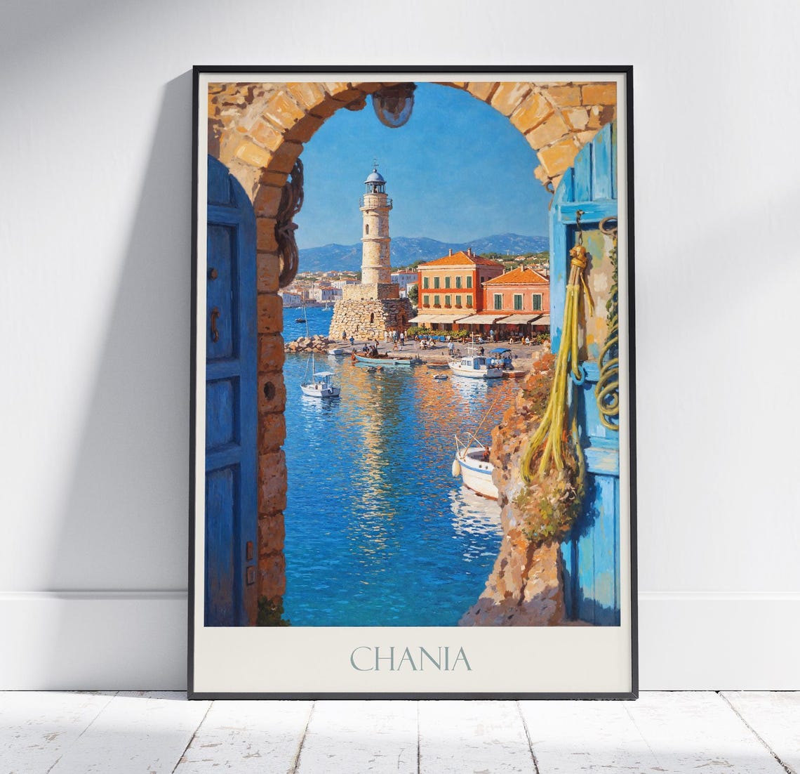 Chania Crete Lighthouse Harbor Blue Doors Painted Travel Poster