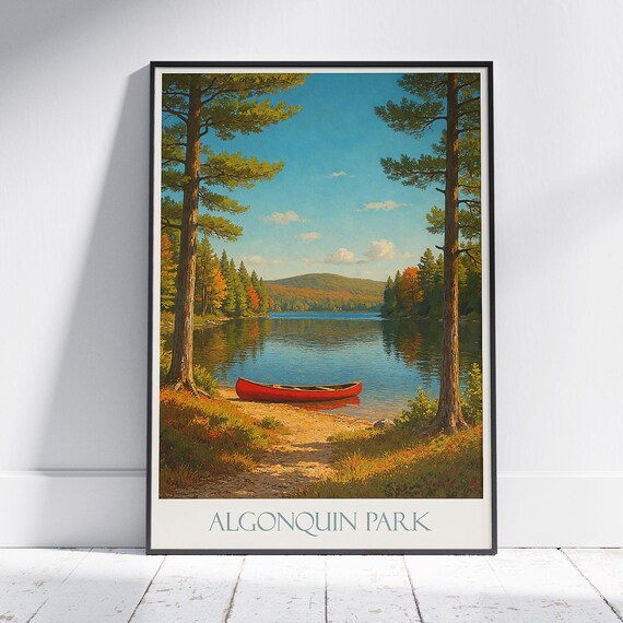 Algonquin Park Canada Red Canoe Autumn Lake Scenery Vintage Poster