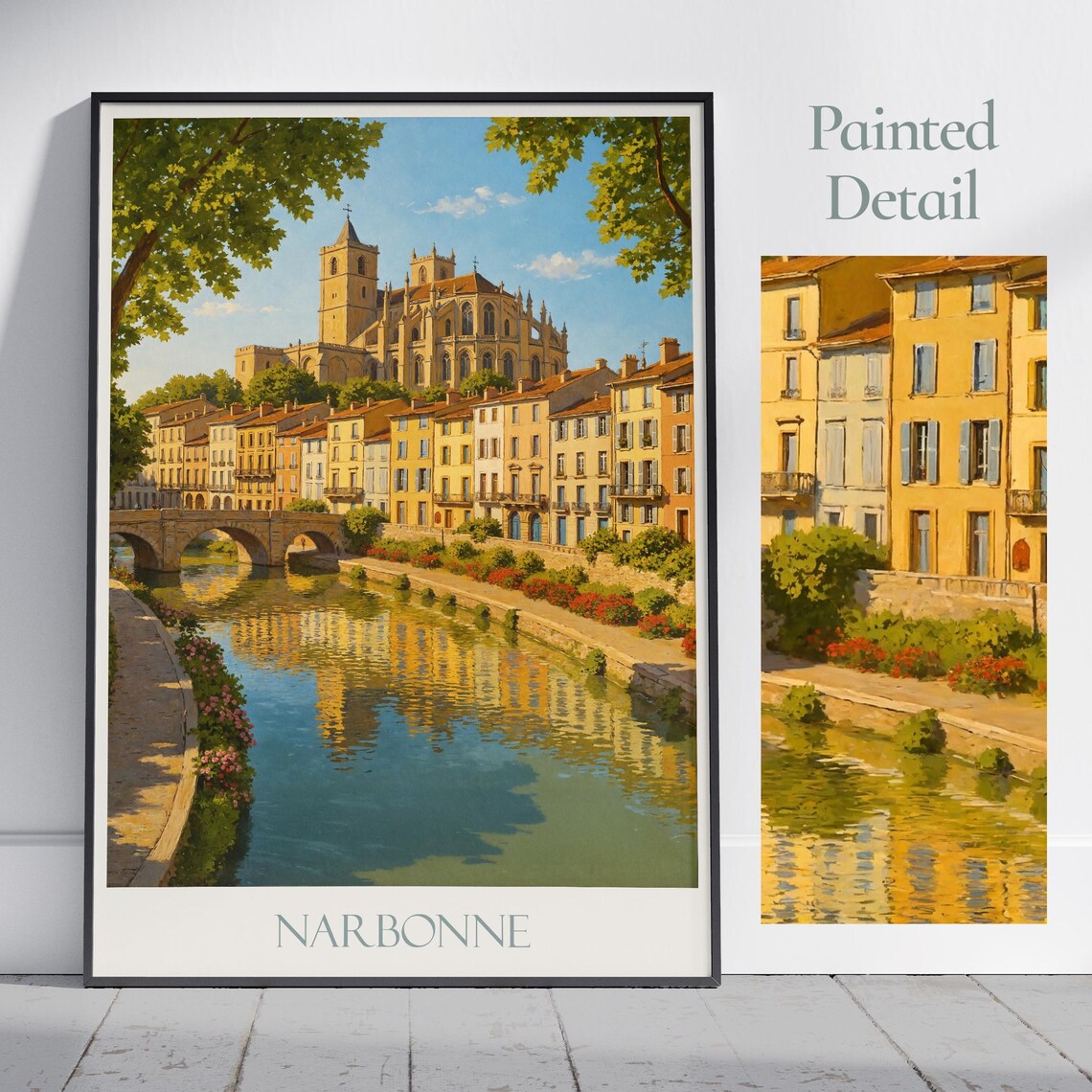 Narbonne Canal de la Robine Cathedral Painted France Travel Poster