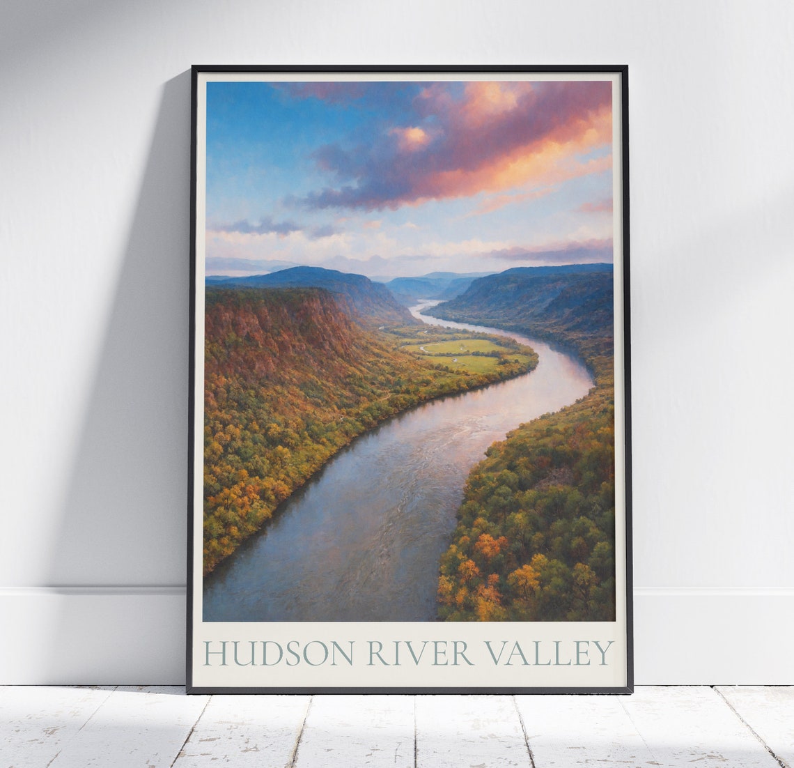 Hudson River Valley New York Painted Travel Poster Sunset Autumn