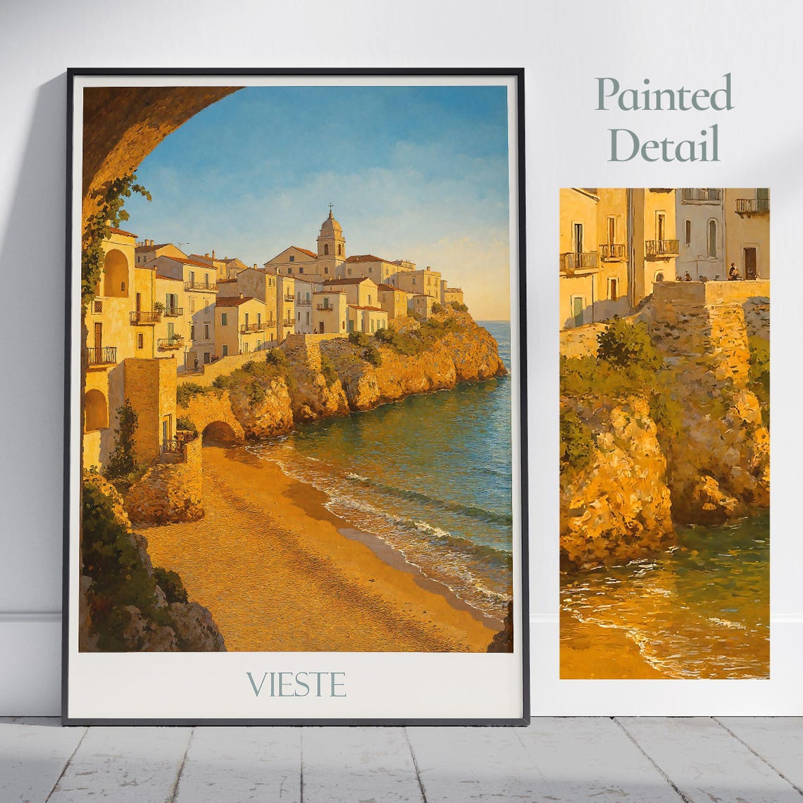 Vieste Italy White Cliff Town Beach Cove Sunset Travel Poster