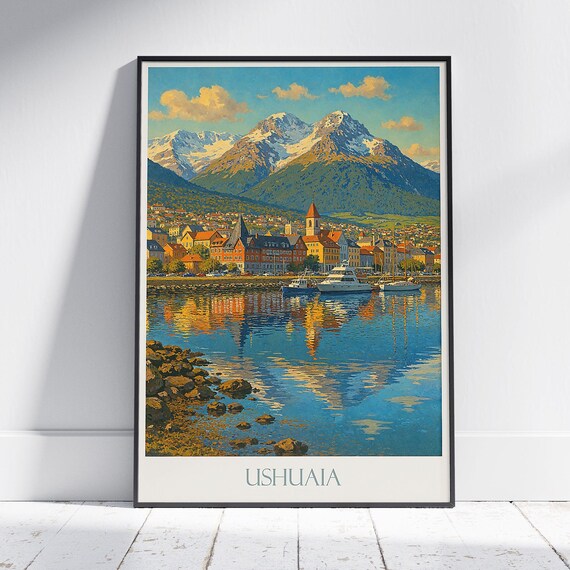 Ushuaia Travel Poster Argentina Art Print Patagonian Mountains Harbor Painting South America Home Decor