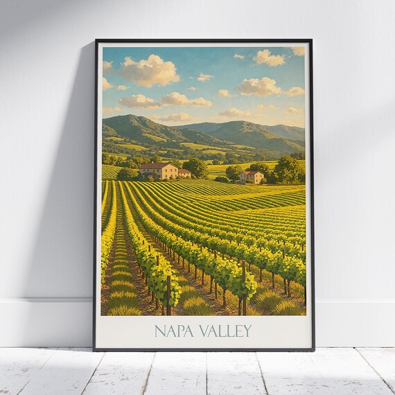 Napa Valley Vineyard Rows Farmhouse Painted Wine Country Travel Poster