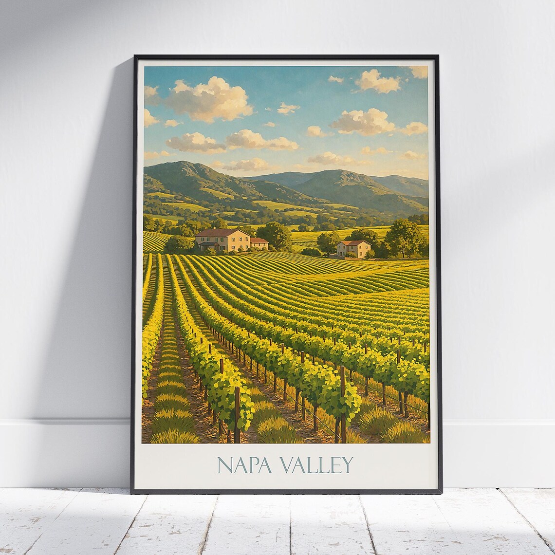 Napa Valley Vineyard Rows Farmhouse Painted Wine Country Travel Poster