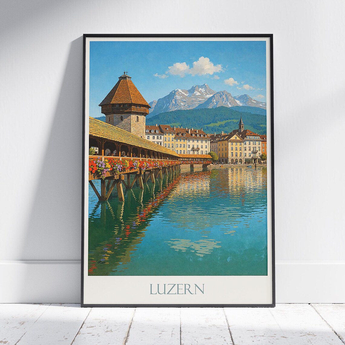 Luzern Chapel Bridge Switzerland Painted Travel Poster Lake Lucerne