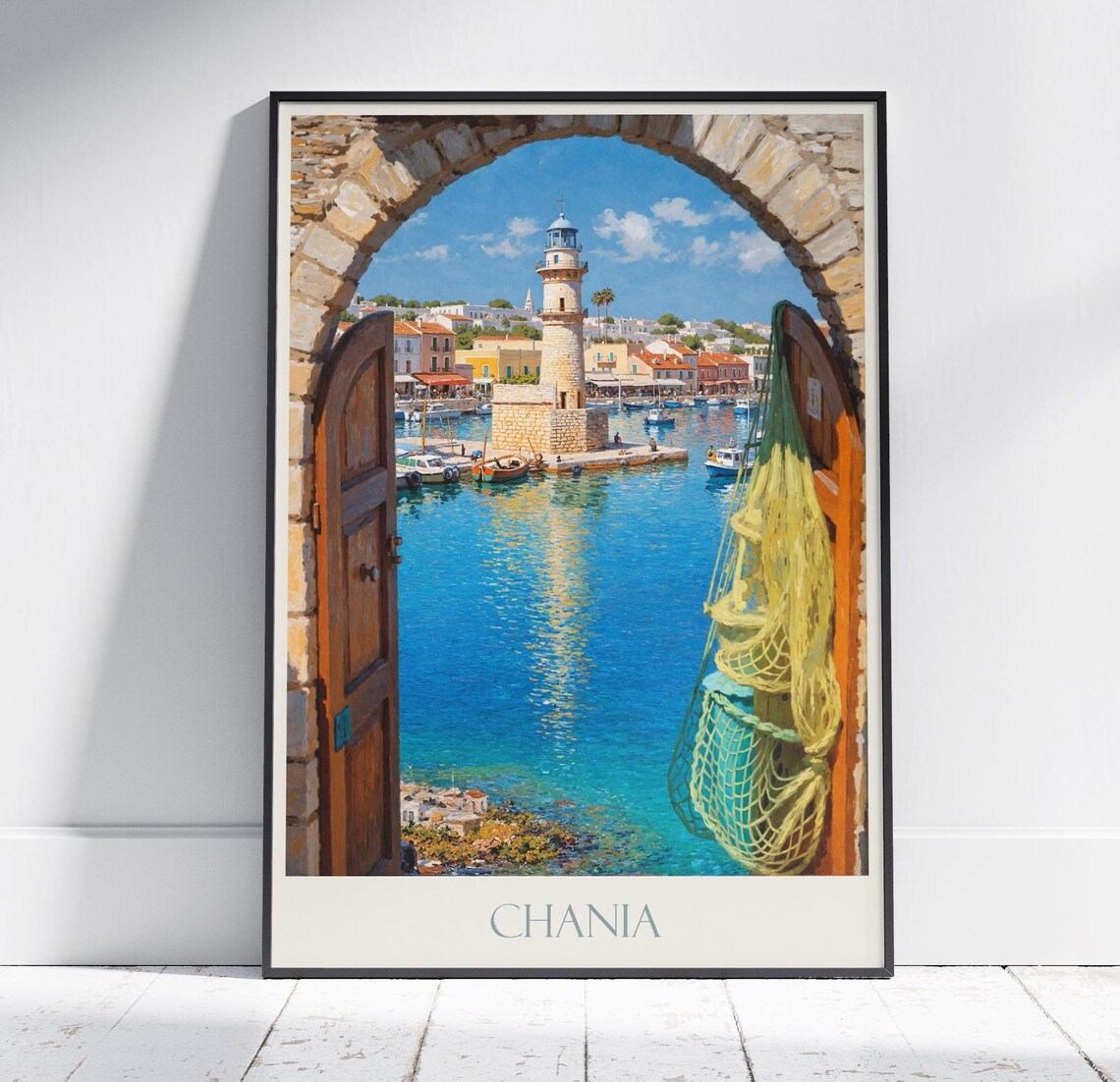 Chania Crete Lighthouse Fishing Nets Harbor Painted Travel Poster