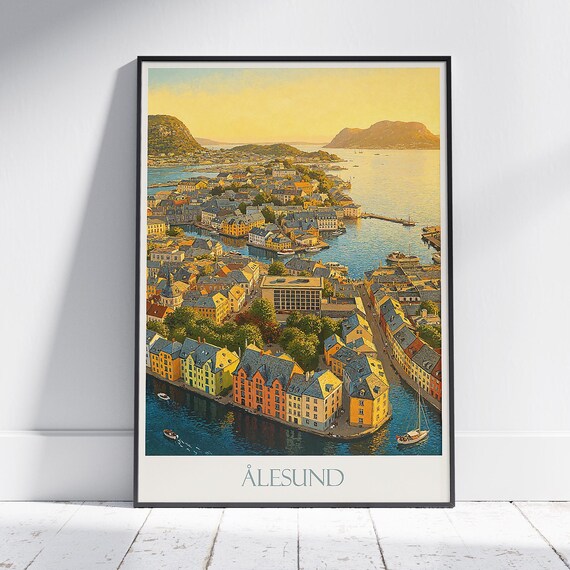 Alesund Norway Art Nouveau Harbor Golden Sunset Cityscape Poster