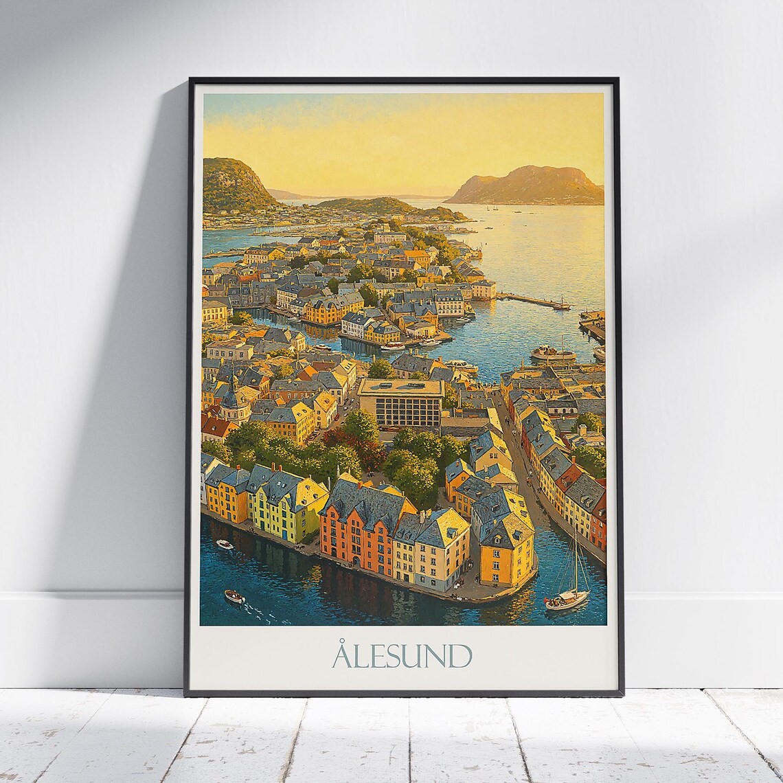 Alesund Norway Art Nouveau Harbor Golden Sunset Cityscape Poster