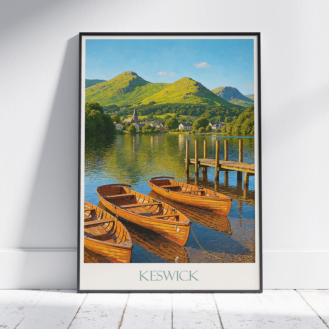 Keswick Lake District Wooden Rowing Boats at Lakeside Jetty Poster
