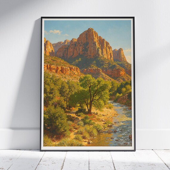 Zion National Park Utah Travel Poster Red Rock Canyon River Art