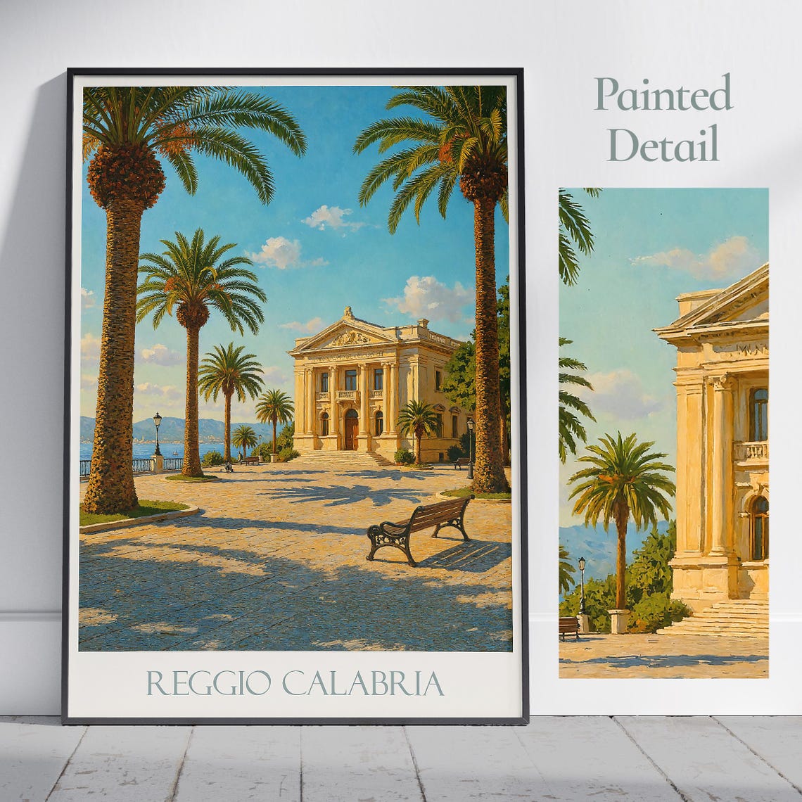 Reggio Calabria Museum Poster with Palm Trees and Seafront View Art